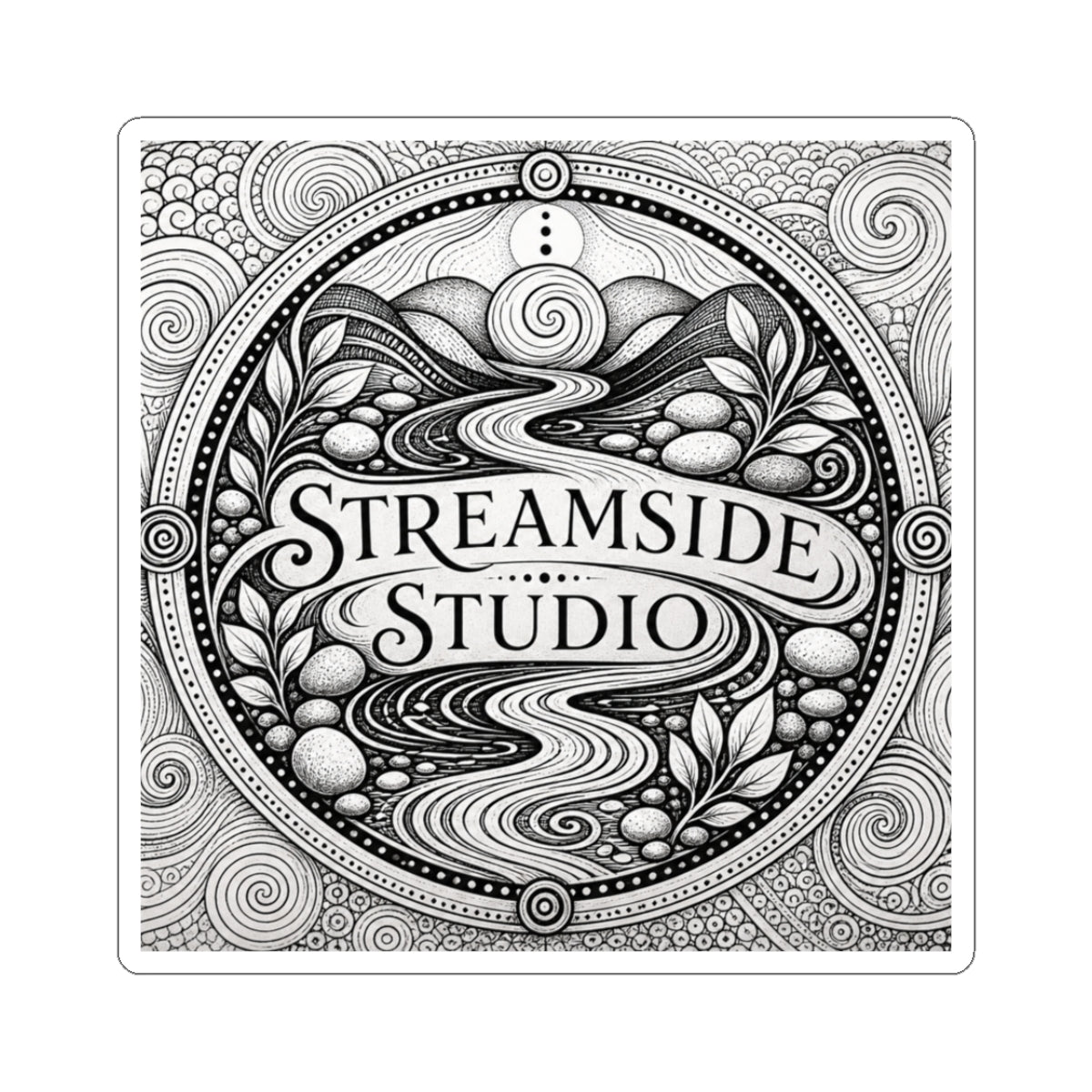 Streamside Studio Ornamental Logo Sticker — Black & White Kiss-Cut Art